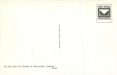 Big Ben e as Casas do Parlamento — Londres — Post Office Preferred PT1081 — Verso