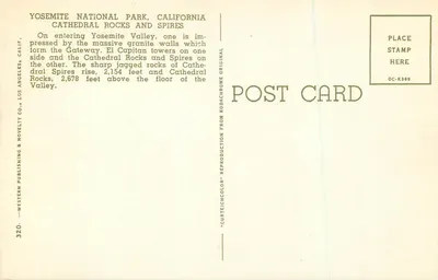 Park Narodowy Yosemite, Kalifornia — Katedralne Skale i Szyje — Western Publishing & Novelty Co., Los Angeles, Kalifornia, nr 320 — Rewers