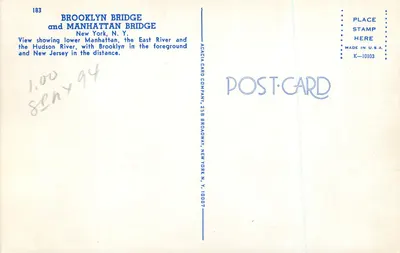 Brooklyn Bridge i Manhattan Bridge — New York, N.Y. — Acacia Card Company — Rewers