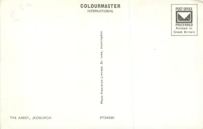 Ruiny klasztoru Jedburgh — widok z rzeką — wydawca Colourmaster International — Rewers