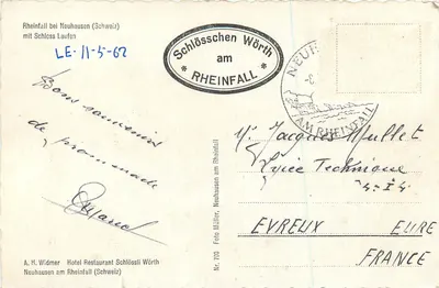 Rheinfall perto de Neuhausen — com o Castelo de Laufen — A. H. Widmer, Nr. 700 — Verso