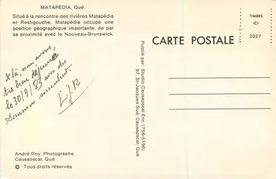 Matapédia, Qué. — Spotkanie rzek Matapédia i Restigouche — Studio Causapsacal — Rewers