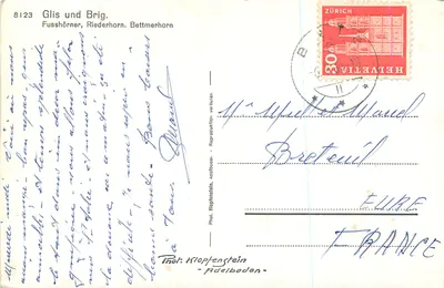 Glis und Brig. — Fusshörner, Riederhorn, Bettmerhorn — Fot. Klopfenstein, Adelboden — Verso