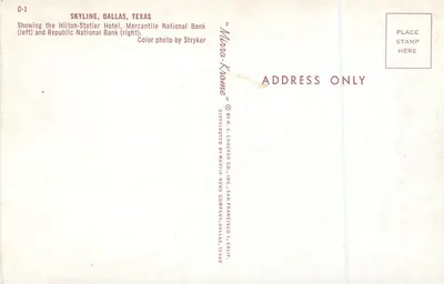 Skyscrapers Dallas, Texas — Hilton-Statler Hotel i Republic National Bank — wydawca Martin News Company — Rewers