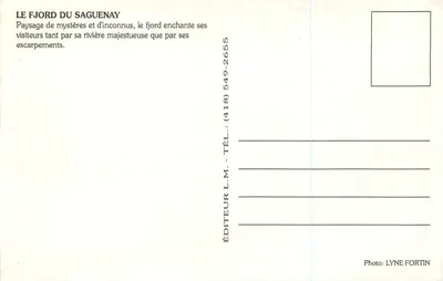 O fiordo de Saguenay — vista panorâmica — Editor Lyne Fortin, n° 2655 — Verso