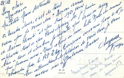 Dzieci grające z wstęgami — Wesołych Świąt — M.D. Paris, seria 1340 — Rewers