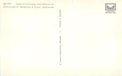Głowa Ullswater z Glencoyne — SD 763 — Sanderson & Dixon, Ambleside — Rewers