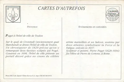 Toulon — Porta do Hotel de Ville ornada por P. Puget em 1657, com duas Cariatides em pedra de Calissane representando a Força e a Fadiga — Verso