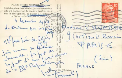 Place du Châtelet — widok z lotu powietrznego z fontanną Palmier, teatrem Châtelet i pałacem Sprawiedliwości — André Lecointe, Wydawnictwo Prawdziwe — Rewers