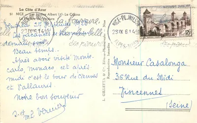 Nice — Jardins Albert Ier — O Casino — Editor L. Gilletta & Cie, N°51 — Verso
