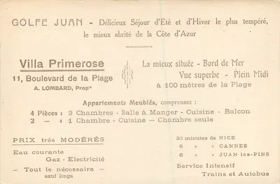 Golfo Juan — Villa Primerose — Compagnie Adrienne Française — Verso