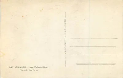 Grasse — Um canto do Parque — editor C.A.P. Paris, n° 207 — Verso