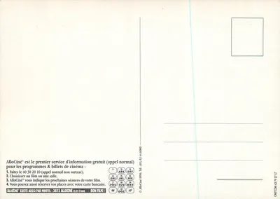 AlloCiné — Serviço de informação e reserva de ingressos de cinema — editor AlloCiné, n° de série CARTCOM.43.79.53.57 — Verso