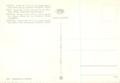 Palais des Nations Unies — Armillaire bol gegeven door de Woodrow Wilson Foundation — Uitgever BOVEY & Cie, Genève, n° 3043 — Achterkant