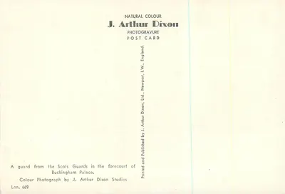 Guardas Escoceses — Palácio de Buckingham — J. Arthur Dixon, Lon. 669 — Verso