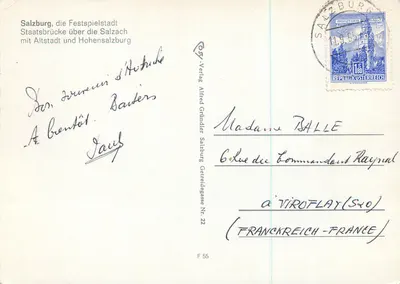 Salzburg, Festspielstadt — Most stanowy nad Salzachą z dawnym miastem i Hohensalzburgiem — wydawnictwo Alfred Gründler z Salzburga, seria F 55 — Rewers