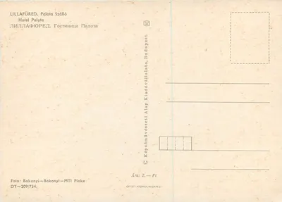 Hotel Palota w Lillafüred — widok wnętrza z katedralnymi szybami, żółta fasada i widok jeziora — wydawca Bakonyi-MTI Pinke, Budapeszt — Rewers