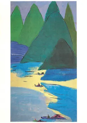 Paisagem de montanhas e rios — pintura acrílica — Walasse Ting, série A 2107