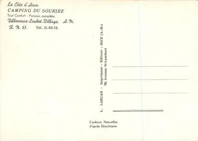 Camping du Sourire — Villeneuve-Loubet — wydawca L. LARCAN, Nice — Rewers