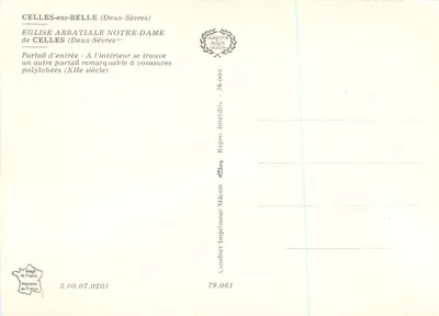 Portal de entrada da igreja abacial Nossa Senhora de Celles-sur-Belle — Deux-Sèvres — editor Cing, n° 36.000 — Verso