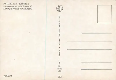 Monument do rei Léopoldo I — Bruxelas — editor Thill, S.A., n° 100/204 — Verso
