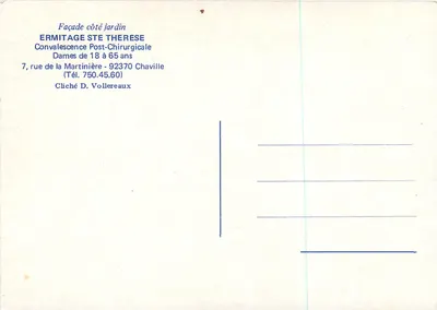 Ermitaż św. Teresy — Front strony ogrodowej — Cliché D. Vollereaux — Rewers