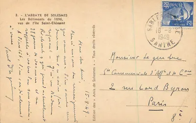 A Abadia de Solesmes — Os Edifícios de 1896, vistos da Ilha Saint-Clément — Edição dos «Amis de Solesmes» — Verso