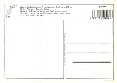Vøringsfossen — 597 Fuß hoher Wasserfall — Normanns Kunstforlag AS, Nr. 01-O-48-91 — Rückseite