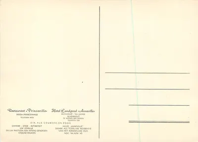 Carta postal ilustrada — Restaurante Princeville e Hotel Landgoed Anneville — Breda e Ulvenhout — Verso