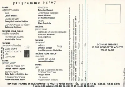 Dix-Huit Théâtre — temporada 96-97 — programa 96/97 — Dix-Huit Théâtre, 16 rue Georgette Agutte, 75018 Paris — Verso