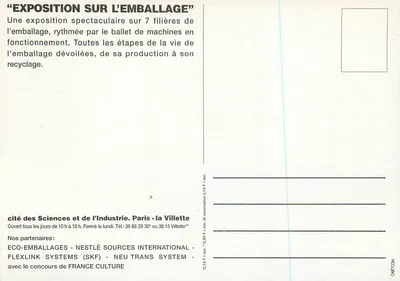Exposição sobre Embalagem — La Villette, Cité des Sciences et de l'Industrie — número de série não visível — Verso