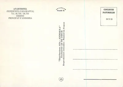 Aparthotel (Residencia Casamanya) — Ordino, Principado de Andorra — editor APACOLOR, n° 50 N 58 — Verso