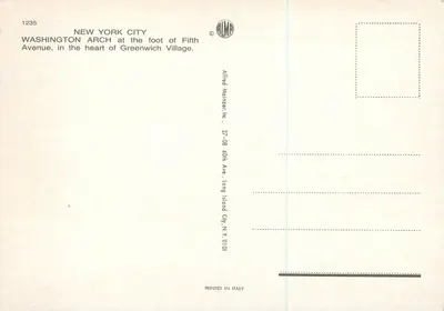 Arco de Washington — na base da 5ª Avenida, no coração do Greenwich Village — Alfred Mainitzer, Inc. — Verso