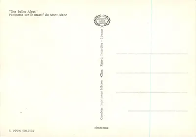 Panorama nad masowcem Mont-Blanc — 'Nasze piękne Alpy' — Imprimeur Combier, Mâcon — Rewers