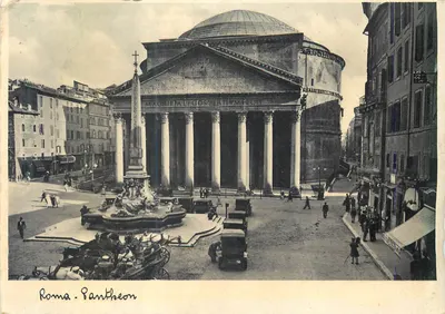 Rzym — Pantheon — widok z placu z fontanną i obeliskiem — wydawca nieznany