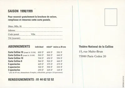 Sezon 1998/1999 - Teatr Narodowy na Colline — Plakat promocyjny — Rewers