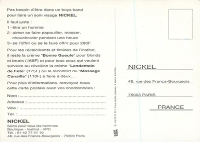 Pubblicità per Nickel — Cura per tutti gli uomini — Nickel, 48 rue des Francs-Bourgeois, 75003 Parigi — Verso