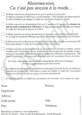 Cassandre — międzynarodowy teatralny czasopism — Abonament — Rewers