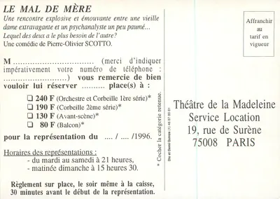 Le Mal de Mère — comédia no Teatro da Madeleine — apresentada pela Companhia Valère-Desailly e as Produções Internacionais Albert Sarfati — Verso