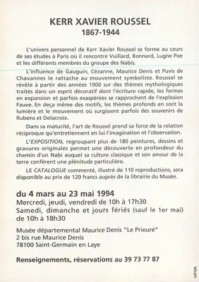 Kerr Xavier Roussel — Exposição no Museu Departamental Maurice Denis — 4 de março a 23 de maio de 1994 — Verso