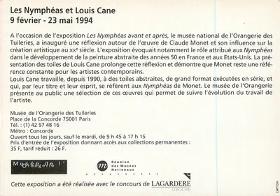 Nymfy i Louis Cane — wystawa w Muzeum Orangerie, 9 lutego - 23 maja 1994 — Rewers