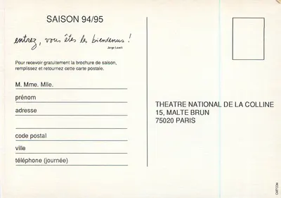 Teatr Narodowy na Colline — Sezon 94/95 — Subskrybuj — Rewers