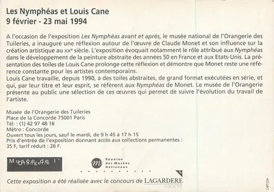 Les Nymphéas e Louis Cane — exposição no Museu da Orangerie, 9 fevereiro - 23 maio 1994 — Verso