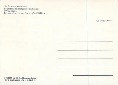 O pequeno salão, vitrines "rococos" do XVIIIe s. — O castelo dos Marqueses de Barbentane (século XVII) — Éditions S.M.D. Impressions Combier — Verso
