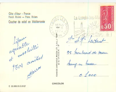 Pôr do sol na Mediterâneo — La Londe-les-Maures — editor CIMCOLOR, n° E 00.999.00.0167 — Verso