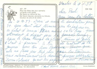 Camarim de caroboeiros ao entardecer — Bilhete postal antigo n°407-PP, editor ARTAUD Frères, Nantes — Verso