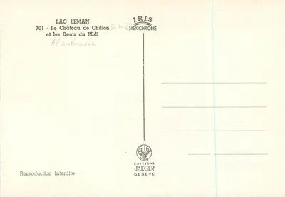 Jezioro Leman — Zamek Chillon i Zęby Południa — Wydawnictwo Jaeger Genève, nr 701 — Rewers