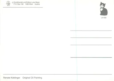 Dois filhotes sobre um piso — pássaro azul carregando um buquê — obra de Renate Koblinger — edição Luka Basic, Viena — Verso