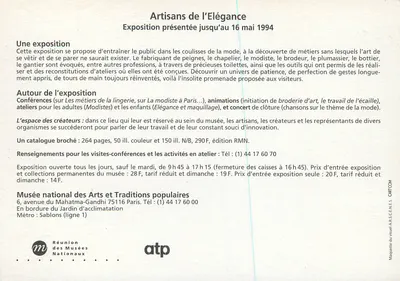 Artistas da Elegância — Exposição no Museu Nacional de Artes e Tradições Populares, Paris — edição RMN — Verso