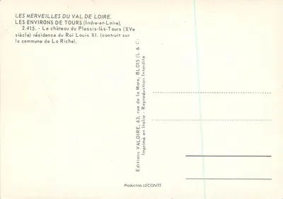 Zamek w Plessis-lès-Tours — rezydencja króla Ludwika XI — wydawca Valoire, nr 2.415 — Rewers